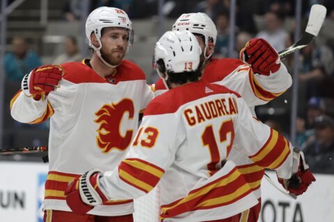 Lindholm scores twice, Flames beat Sharks 4-2