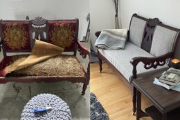 This combination of photos released by Shawn Hollenbach shows the transformation of an antique settee. America’s attics, basements and garages are filled with hand-me-down home decor and household goods waiting to be unearthed. And this may be the perfect moment for that to happen, with prices rising and supply chains at a crawl.  (Shawn Hollenbach via AP)