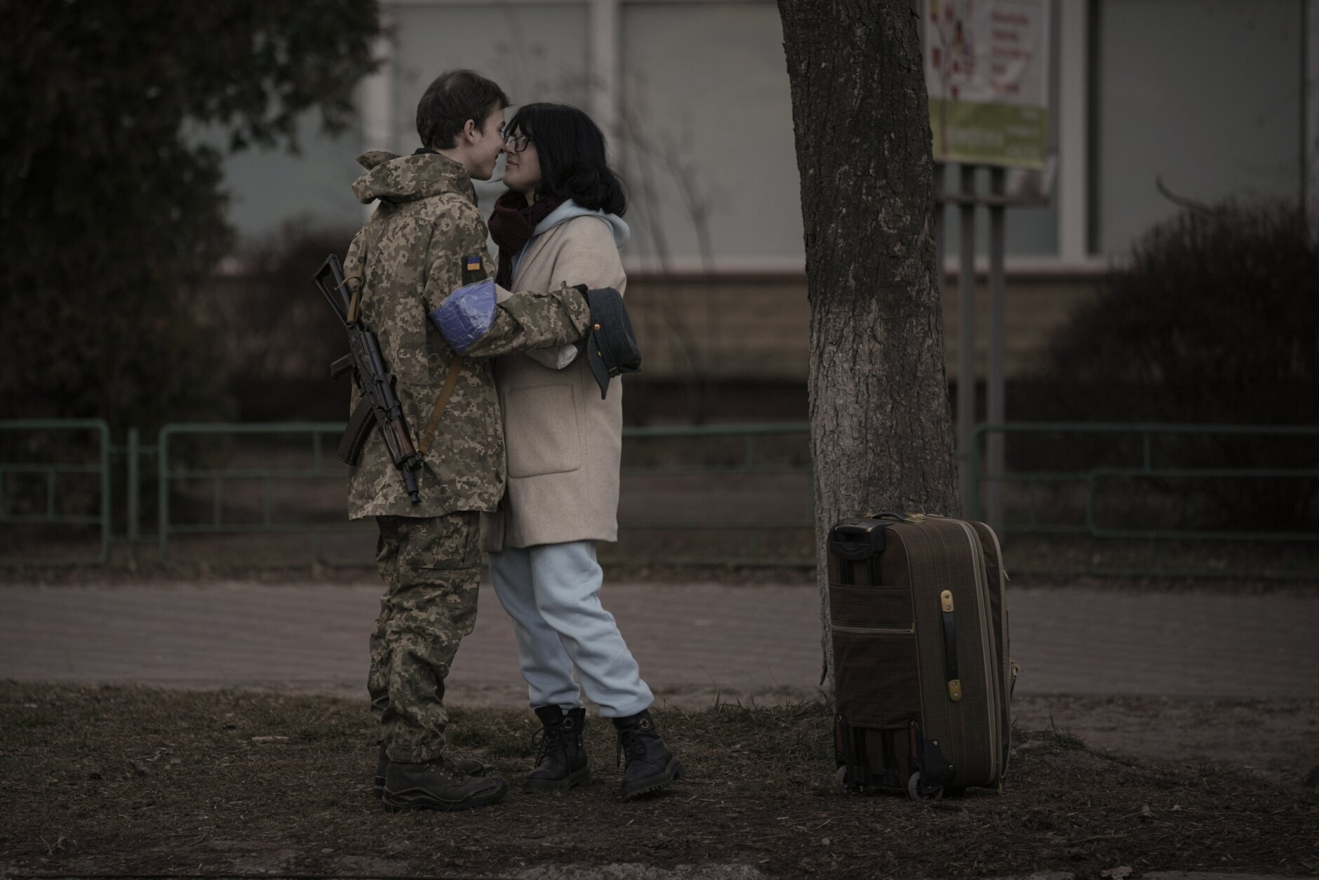 Bogdana, 17, rubs noses with her boyfriend Ivan, 19, in Brovary, Ukraine, Sunday, March 20, 2022. (AP Photo/Vadim Ghirda)