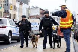 Officers with bomb-sniffing dogs look over the area after a shooting on a subway train Tuesday, April. 12, 2022, in the Brooklyn borough of  New York. Multiple people were shot and injured Tuesday at a subway station in New York City during a morning rush hour attack that left wounded commuters bleeding on a train platform.(AP Photo/Kevin Hagen)