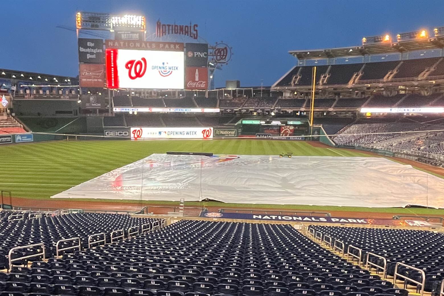 The tarp is over Nats field ahead of Opening Day on April 7, 2022. (WTOP/Nick Iannelli)