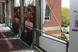Shattered windows inside the Edmund Burke School. (Courtesy D.C. police)