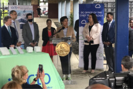 D.C. Mayor Muriel Bowser announced the internet partnership at Potomac Gardens Family and Senior Housing in Southeast, which had free Wi-Fi activated a few weeks ago as part of a separate D.C. initiative. (WTOP/Kristi King)