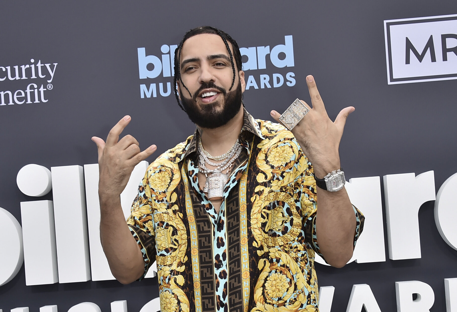 French Montana arrives at the Billboard Music Awards on Sunday, May 15, 2022, at the MGM Grand Garden Arena in Las Vegas. (Photo by Jordan Strauss/Invision/AP)