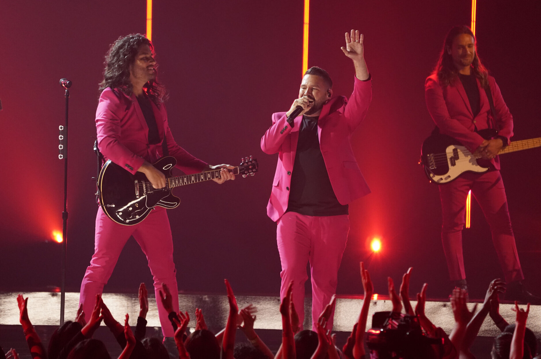 Dan Smyers, left, and Shay Mooney, of Dan + Shay, perform "You" at the Billboard Music Awards on Sunday, May 15, 2022, at the MGM Grand Garden Arena in Las Vegas. (AP Photo/Chris Pizzello)