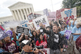<p>A celebration outside the Supreme Court, Friday, June 24, 2022, in Washington. The Supreme Court has ended constitutional protections for abortion that had been in place nearly 50 years — a decision by its conservative majority to overturn the court&#8217;s landmark abortion cases. (AP Photo/Steve Helber)</p>

