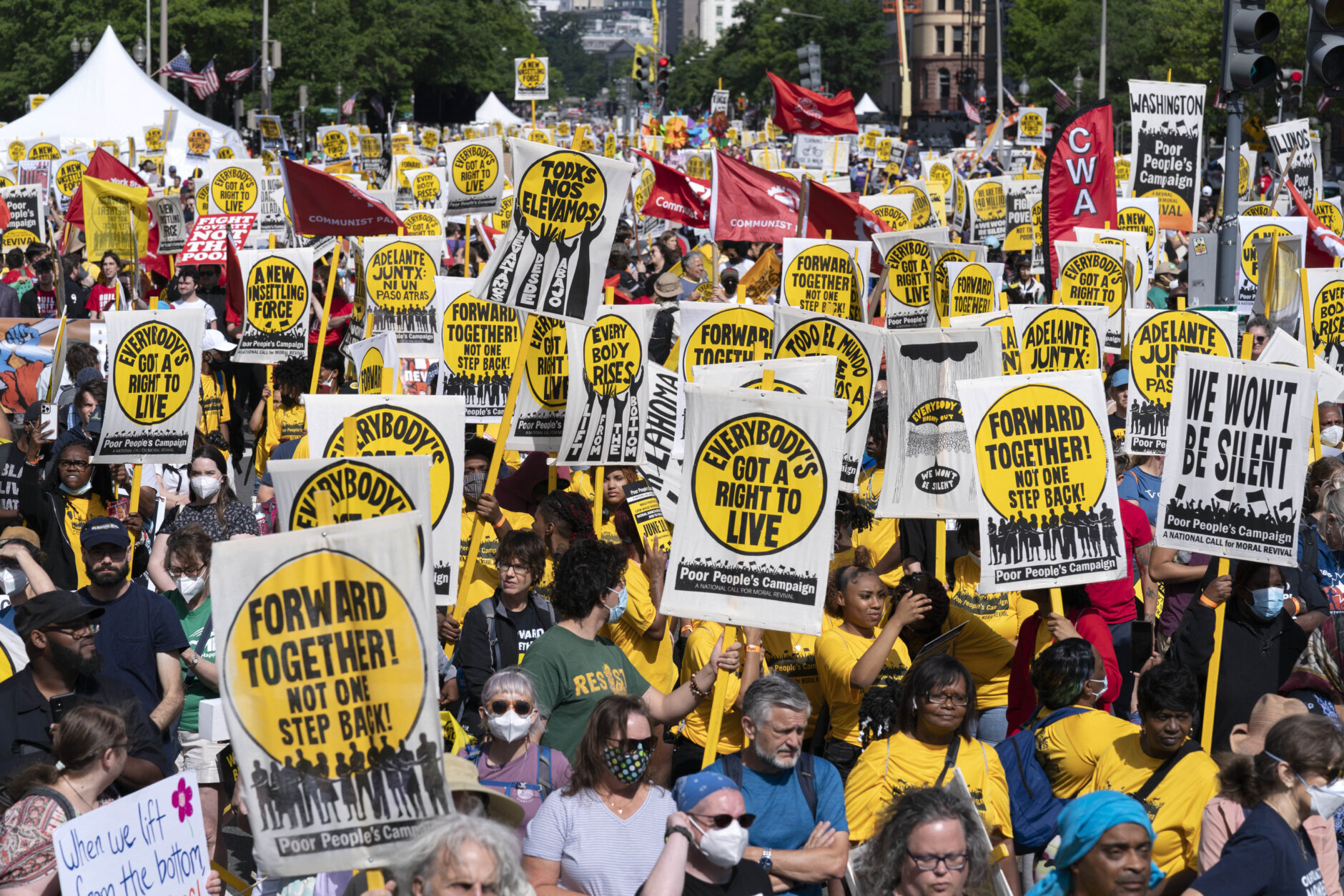 Demonstrators rally during the Poor People's Campaign, "Moral March" on Pennsylvania Avenue in Washington, Saturday, June 18, 2022. (AP Photo/Jose Luis Magana)