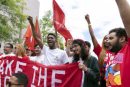 Demonstrators chants during the Poor People's Campaign, "Moral March" on Pennsylvania Avenue in Washington, Saturday, June 18, 2022. (AP Photo/Jose Luis Magana)
