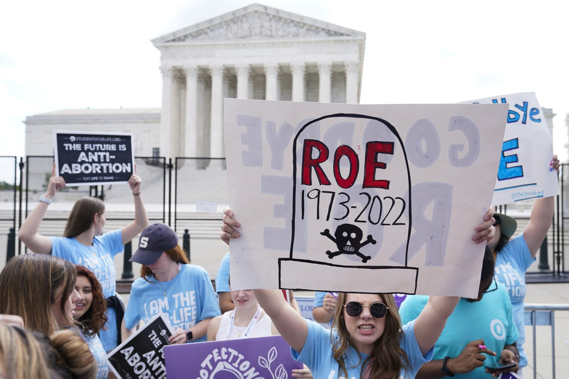 <p>Demonstrators protest about abortion outside the Supreme Court in Washington, Friday, June 24, 2022. (AP Photo/Jacquelyn Martin)</p>
