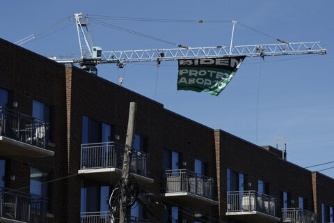 Women’s March activists scale crane to reveal ‘Biden: Protect Abortion’ banner