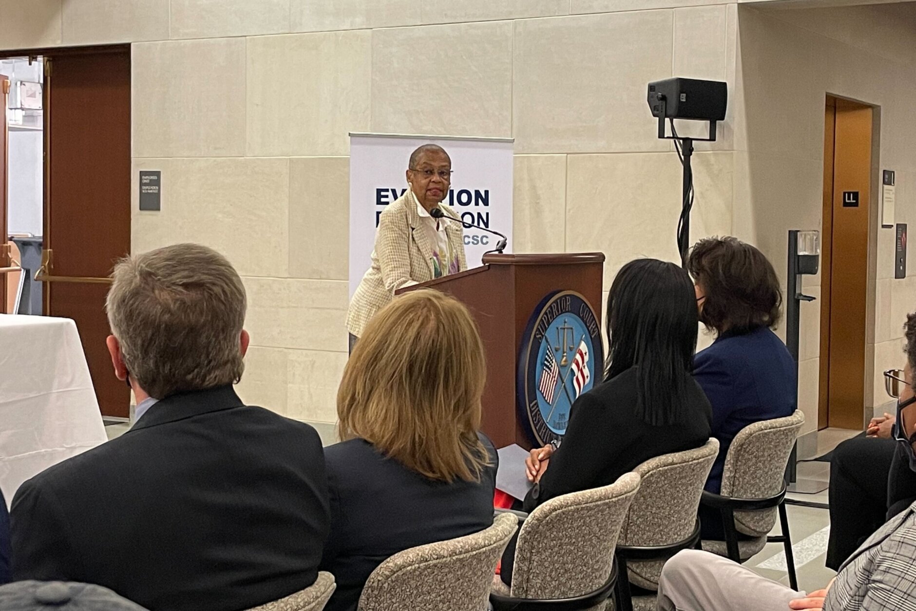 D.C. Congressional Delegate Eleanor Holmes Norton speaks to audience members about the importance of this Wells Fargo grant to D.C.'s Superior Court and Eviction Diversion program.