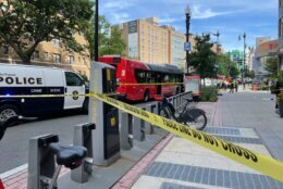 The Metro Transit Police are investigating a stabbing aboard a bus in Northwest D.C. Friday that left a man seriously hurt. (WTOP/Kyle Cooper)