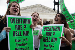 <p>Abortion rights supporters chant outside of the Supreme Court handling green signs that read &#8220;OVERTURN ROE? HELL NO!&#8221;</p>
