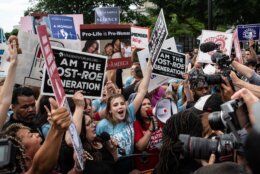 <p>Abortion rights opponents celebrated outside the Supreme Court following the opinion that overturned Roe v. Wade.</p>
