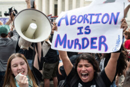 <p>An abortion rights opponent holds up a sign that says &#8220;Abortion is Murder.&#8221;</p>
