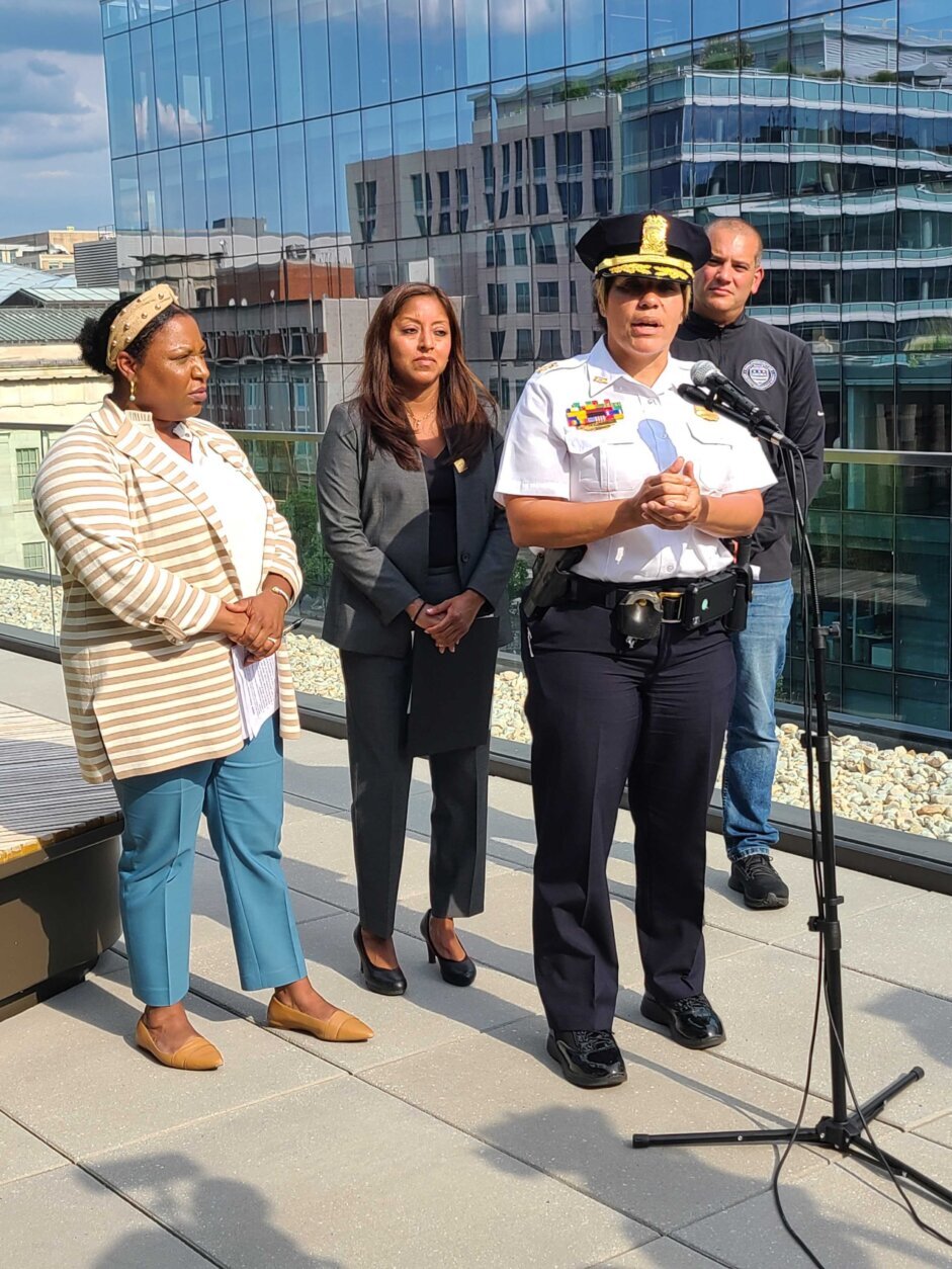 MPD Assistant Chief Morgan Kane, Director of the Mayor’s Office on Volunteerism and Partnerships Alexis Squire, Director of the Mayor’s Office of Nightlife and Culture Solana Vander Nat, and Director of DC Homeland Security and Emergency Management Agency Christopher Rodriguez talk with reporters after DC Nightlife Active Shooter Preparedness Training.