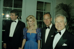 Britain's Prince Philip, third from left, join director Sam Wanamaker, right, and Donald and Ivana Trump at a benefit for the Shakespeare Globe Center (North America), Inc., May 22 , 1989, in New York. The Trumps are honorary co-chairmen of the project to rebuild the Globe Theater. (AP Photo/Ed Bailey)