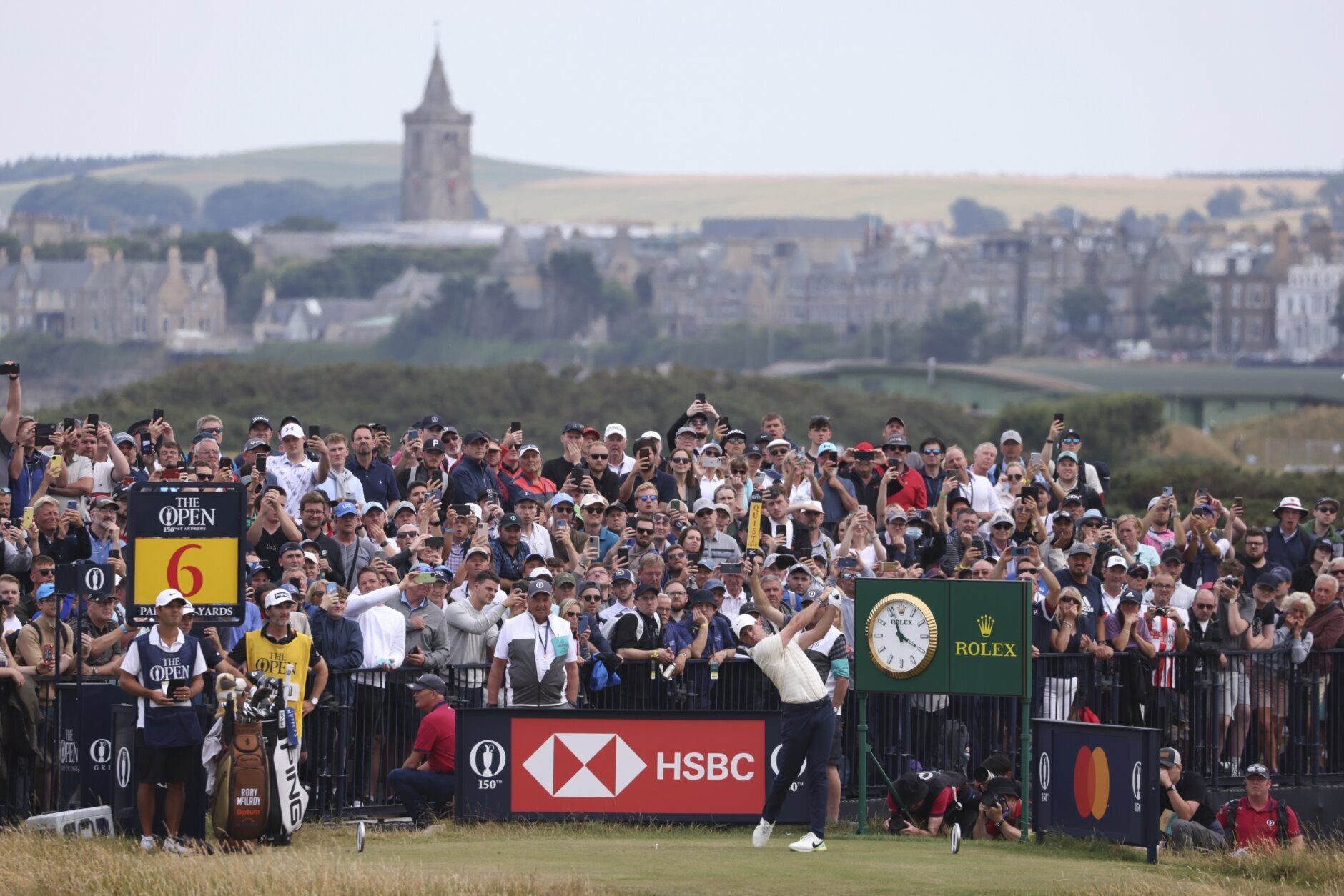Rory McIlroy of Northern Ireland plays from the 6th tee during the final round of the British Open golf championship on the Old Course at St. Andrews, Scotland, Sunday July 17, 2022. (AP Photo/Peter Morrison)