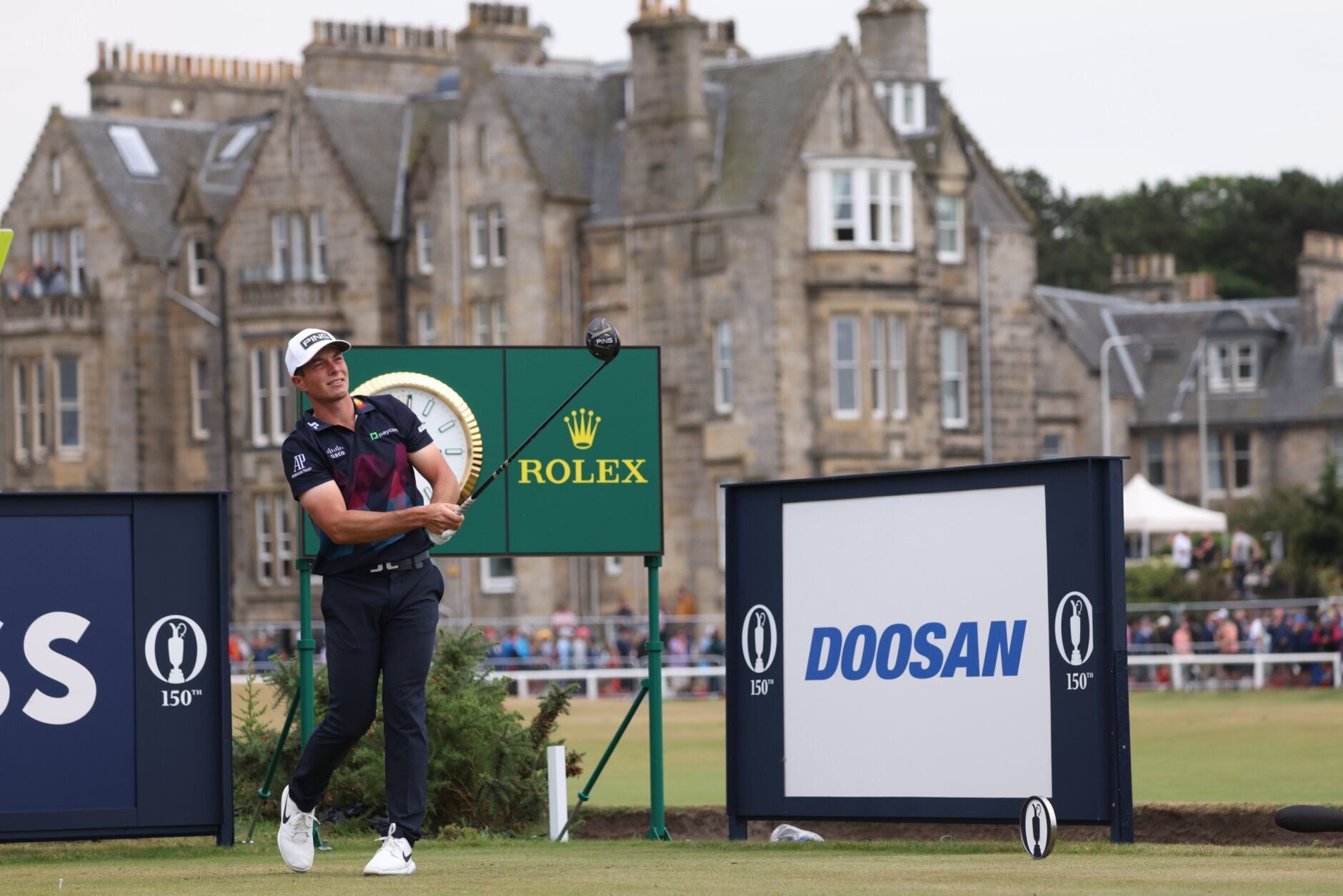 Viktor Hovland, of Norway, plays from the 2nd tee during the final round of the British Open golf championship on the Old Course at St. Andrews, Scotland, Sunday July 17, 2022. (AP Photo/Peter Morrison)