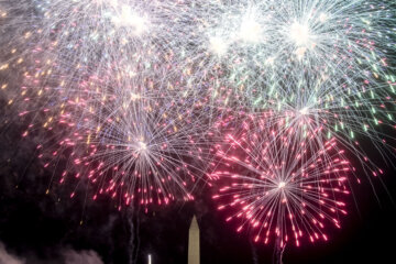 The Washington Monument is seen below an Independence Day fireworks display along the National Mall in Washington, DC, on July 4, 2022. (Photo by Stefani Reynolds / AFP) (Photo by STEFANI REYNOLDS/AFP via Getty Images)