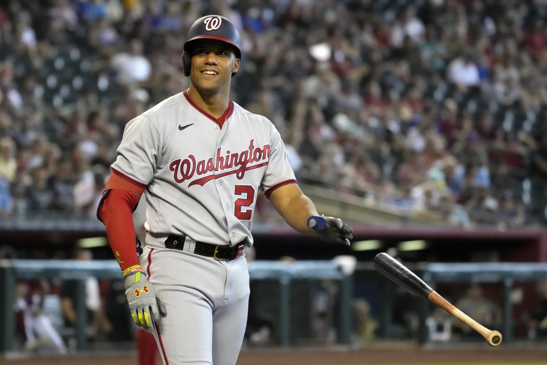 May 3 2022: Washington catcher Keibert Ruiz (20) gets a hit during the game  with Washington