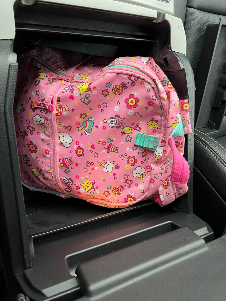 <p>A center console can hold a book bag or laptop with room to spare.</p>
