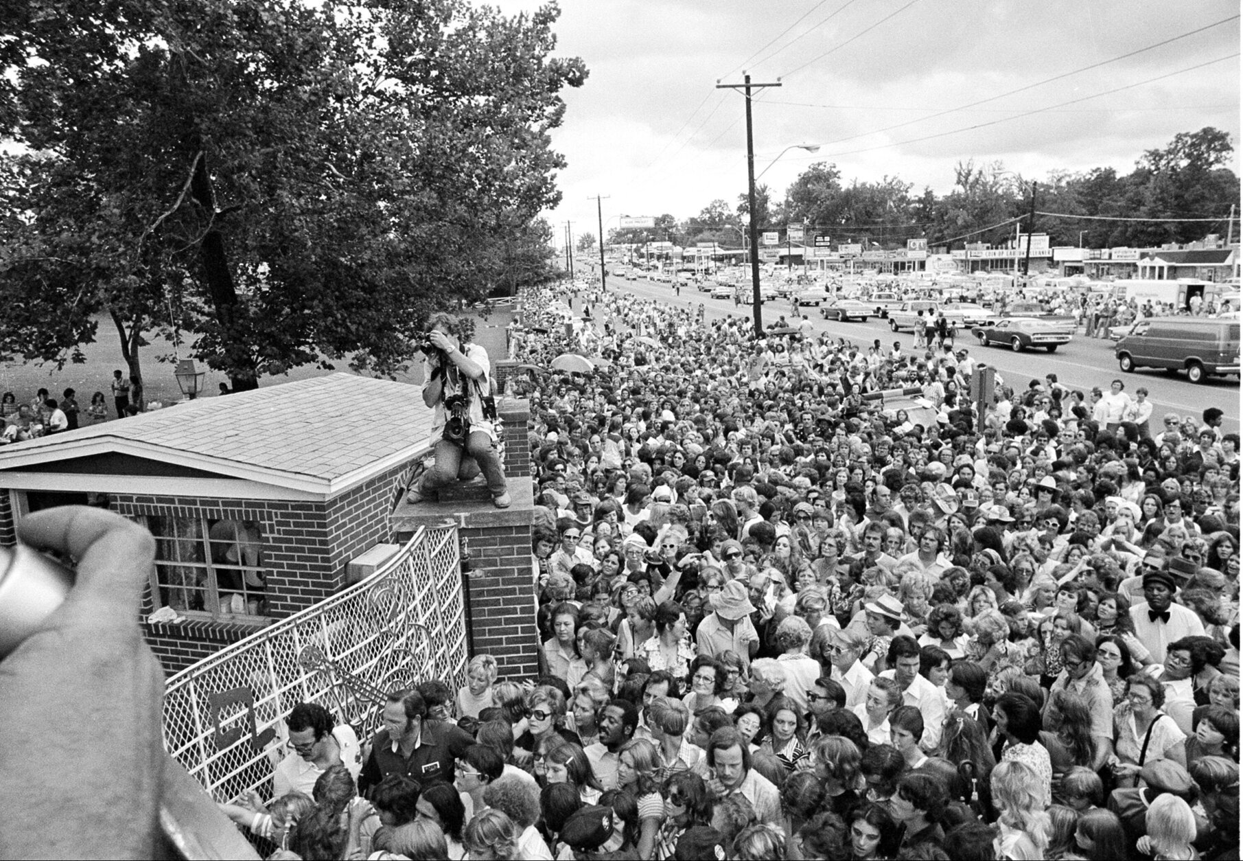 Hundreds of people wait outside the late Elvis Presley's Graceland mansion before the gates are opened for the public to view the body of the rock and roll singer in Memphis, Tenn., Aug. 17, 1977.  (AP Photo)