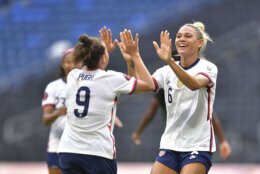MONTERREY, MEXICO - JULY 07: Trinity Rodman of USA celebrates with teammates after scoring her team's fifth goal  during the match between Jamaica and United States as part of the 2022 Concacaf W Championship at BBVA Stadium on July 07, 2022 in Monterrey, Mexico. (Photo by Azael Rodriguez/Getty Images)