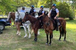 National Park Police sit atop the horses that will utilize the new stables. The project will include a welcome center and public viewing area where visitors can interact with the horses. (WTOP/Nick Iannelli) 