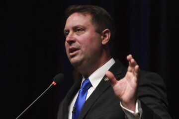 Dan Cox, a candidate for the Maryland Republican gubernatorial nomination, speaks during the gubernatorial forum, Saturday, Aug. 20, 2022, in Ocean City, Md. (AP Photo/Todd Dudek)