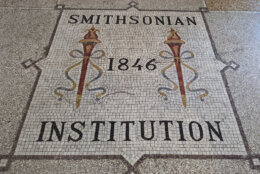 Photo of a floor mosaic that reads "Smithsonian Institution 1846."