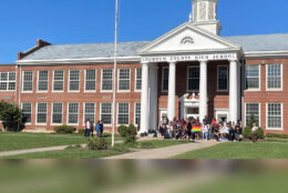 Students in Loudoun County, Virginia, walk out in protest of new transgender student policies announced by Gov. Glenn Youngkin. (WTOP/Neal Augenstein)