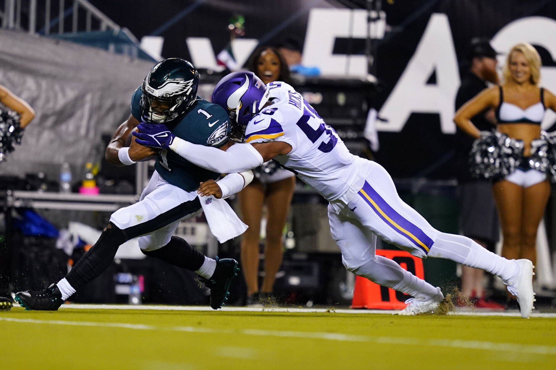 <p><b><i>Vikings 7</i></b><br />
<b><i>Eagles 24</i></b></p>
<p>If Jalen Hurts can shred a Minnesota defense that shut down Aaron Rodgers, what do you think he&#8217;s gonna do to the struggling Commanders defense? Philly might force FedEx Field to add a third digit to the visitor&#8217;s side of the scoreboard.</p>
<p>Former Washington quarterback <a href="https://twitter.com/ESPNStatsInfo/status/1572059398230474752?s=20&amp;t=G2mp1DAS3a9lVt2yatxDAQ">Kirk Cousins found the Eagles defense more times than his favorite receiver</a> and is now 2-10 on Monday Night Football, the worst MNF record in NFL history. With Rodgers aging and no other true threats in the NFC North, the Vikings have to be careful not to blow a championship window on this terrible investment.</p>
