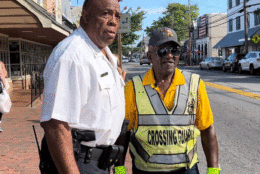 Charles Jenkins, 77, a crossing guard in St. Michaels, and St Michaels Police Chief Anthony Smith. (WTOP/ Anne Kramer) 