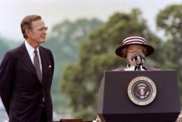 US President George Bush (L) listens as Britain's Queen Elizabeth II (R) reads her brief remarks to a crowd gathered at the White House in Washington to welcome her and Prince Philip to the United States for a 10-day state visit on May 14, 1991. (Photo by Jerome DELAY / AFP) (Photo by JEROME DELAY/AFP via Getty Images)