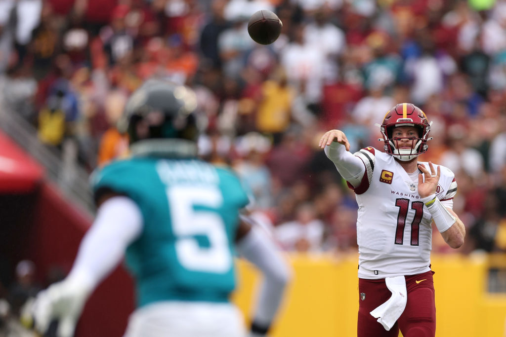 <p><em><strong>Jaguars 22</strong></em><br />
<em><strong>Commanders 28</strong></em></p>
<p>Of all the Week 1 debuts, Carson Wentz may have had the most on-brand. Only the Carson Wentz Experience gives you two great touchdown passes sandwiched around interceptions on consecutive throws in a game in which he becomes the first Washington QB to throw for four touchdowns in his first game in Burgundy and Gold.</p>
<p>Keep those Tums handy, Commanders fans. This roller coaster goes upside down.</p>
