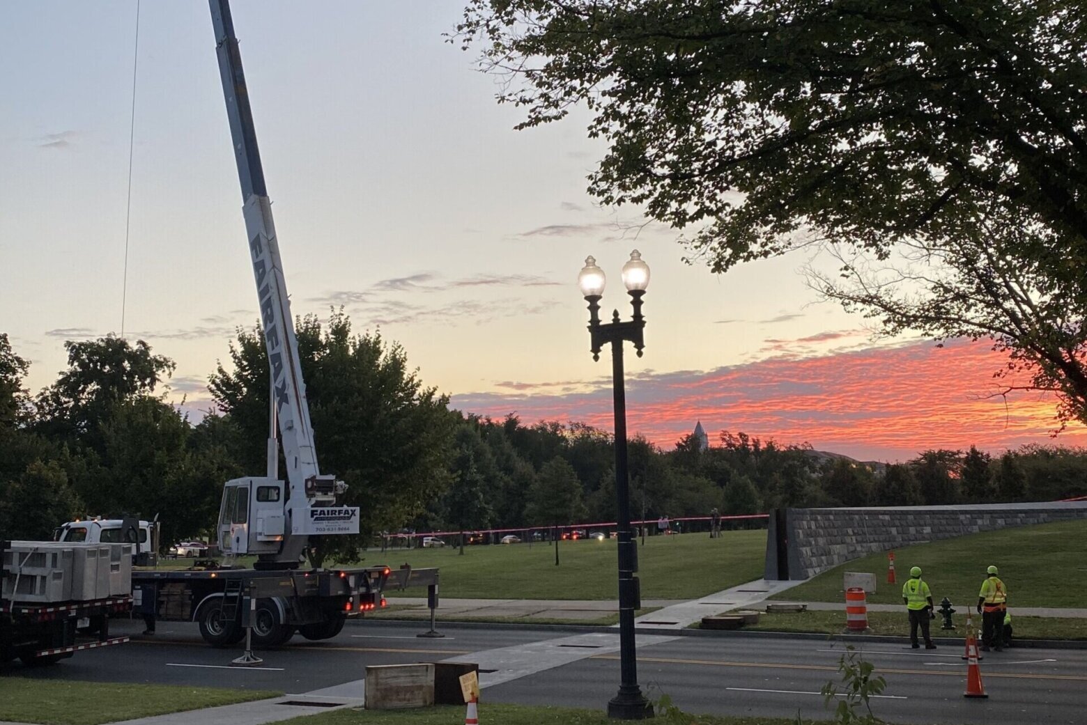 Sunrise as levee is installed along National Mall