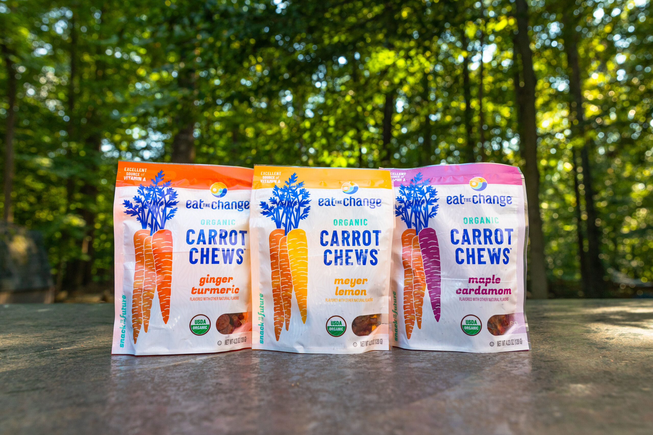 packages of Eat the Change's carrot chews