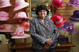 Washington milliner Vanilla Beane poses in front of creations in her shop, Bene', in Washington Saturday, May 29, 2010.  The ninety-year-old knows that a hat can be so much more than mere headgear.  Look no further than Beane's favorite customer: civil rights pioneer Dorothy Height, whose hats were known far and wide as a statement of her dignity and grace.  (AP Photo/Jacquelyn Martin)