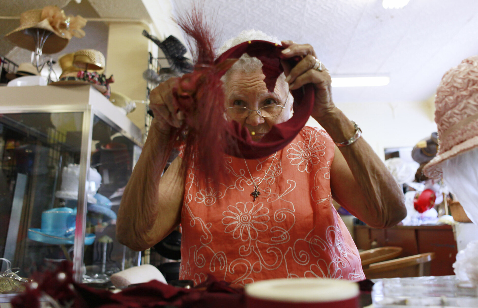 Washington milliner Vanilla Beane, 90, works on a hat design in her shop, Bene', in Washington, Thursday, June 10, 2010. (AP Photo/Jacquelyn Martin)