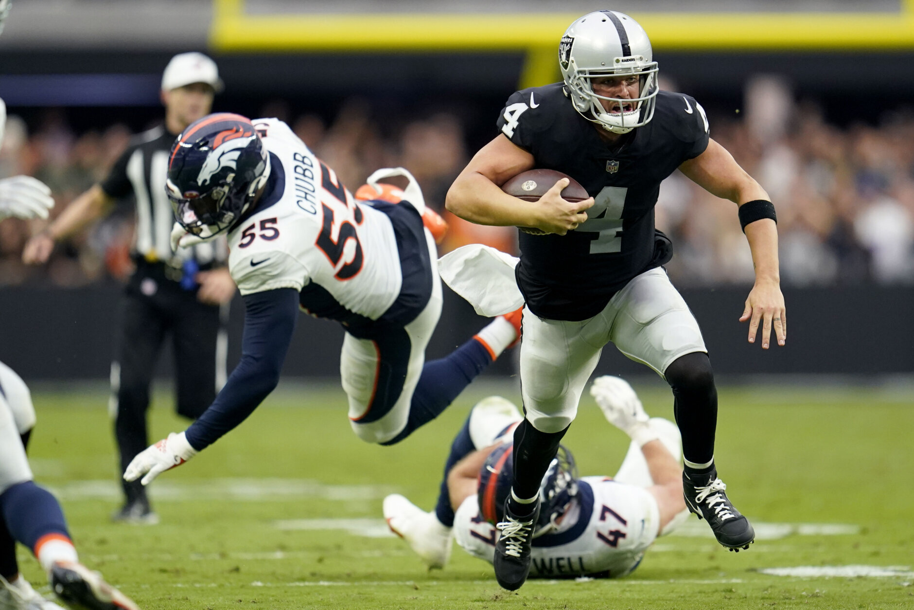 <p><b><i>Broncos 23</i></b><br />
<b><i>Raiders 32</i></b></p>
<p>Naturally, Josh McDaniels&#8217; first win as Raiders coach comes against the Broncos franchise with whom he didn&#8217;t even last two full seasons. If <a href="https://twitter.com/RDR_RAIDER/status/1574881995435417604?s=20&amp;t=R-hkHxAG8xvoih3x7pWcsQ" target="_blank" rel="noopener">Derek Carr doesn&#8217;t open his eyes</a>, McDaniels won&#8217;t last two seasons in Vegas either.</p>

