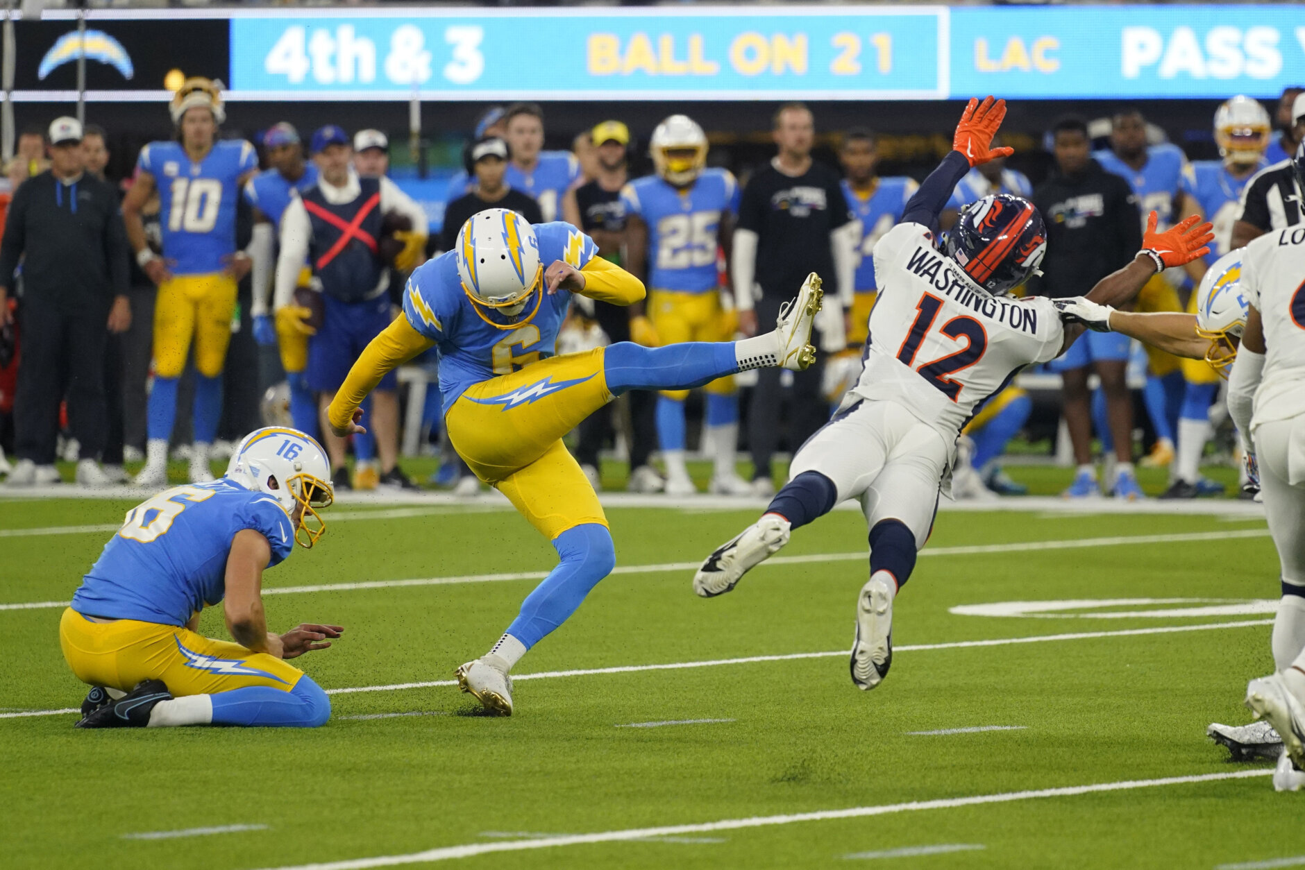<p><b><i>Broncos 16</i></b><br />
<b><i>Chargers 19 (OT)</i></b></p>
<p>All hail Dustin Hopkins, the former Washington kicker who shrugged off a hamstring injury to make all four of his field goals &#8212; including the game-winner in overtime to save us from another minute of this eyesore. His performance, along with that of fellow Washington alum DeAndre Carter, is yet another example of the Ron Rivera regime moving on from the wrong players.</p>
<p>And Denver &#8230; after a primetime flop to open last week, this week they capped Week 6 with another primetime turd in which the two teams combined to commit 19 penalties totaling 240 yards (for context, the Broncos&#8217; &#8220;franchise&#8221; QB <a href="https://twitter.com/ZacStevensDNVR/status/1582221659833974784?s=20&amp;t=254vHAihdZy-gbFotE6iOw">went backwards after halftime</a> and threw for only 188 yards). The NFL needs to alter Denver&#8217;s schedule and keep this clown car parked in the 1 p.m. Sunday slot for the rest of the season.</p>

