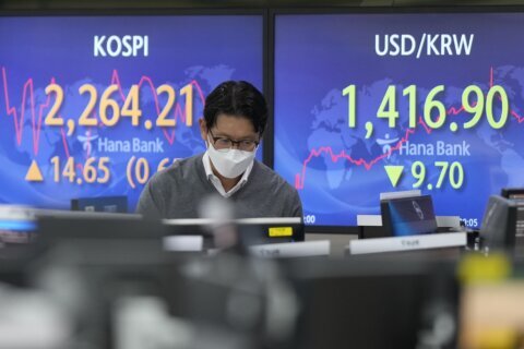 Asian shares mostly lower as Japan preps massive stimulus