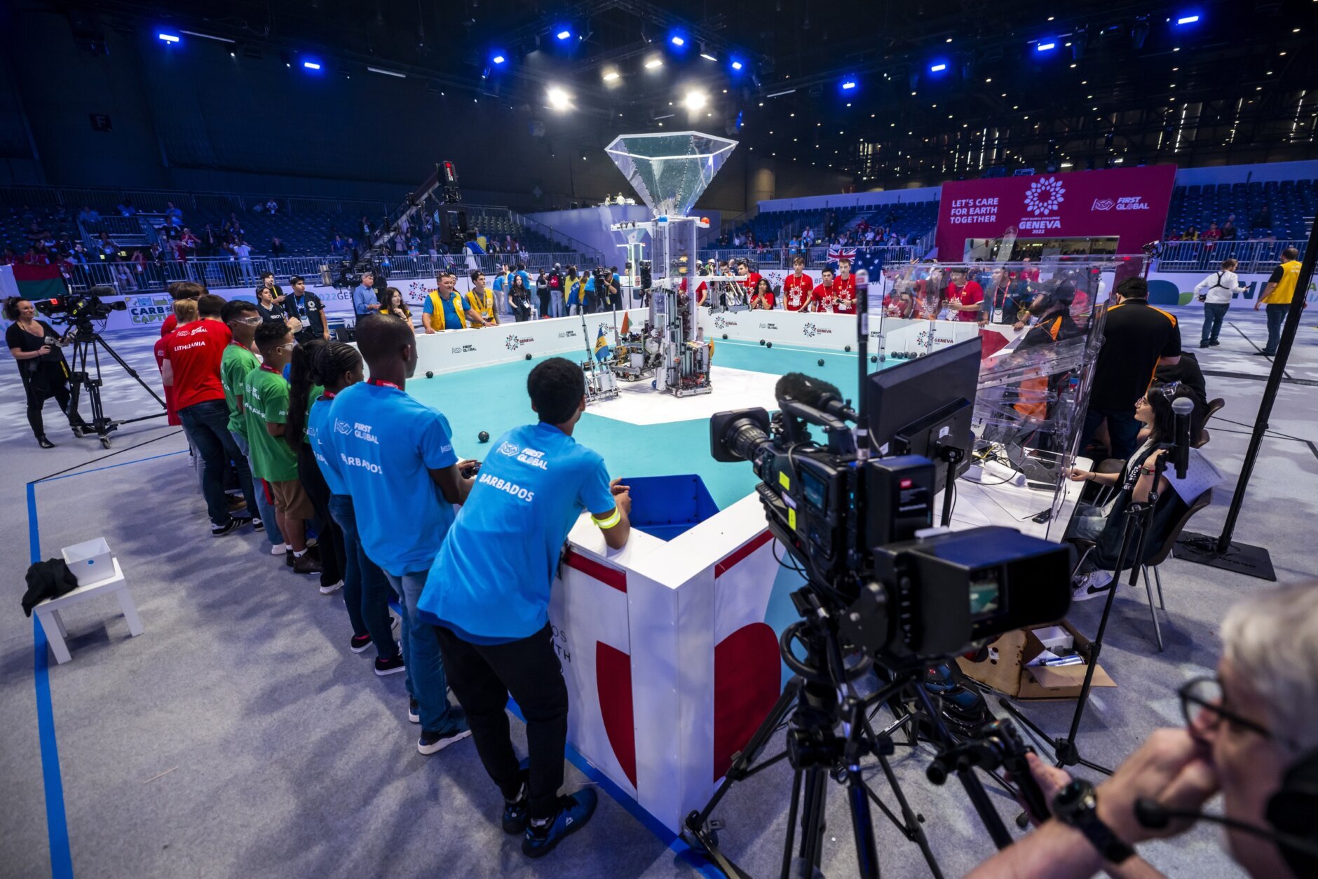 Robots from different teams compete during the 6th edition of the First Global Robotics Challenge in Geneva, Switzerland, Saturday, Oct. 15, 2022. (Martial Trezzini/Keystone via AP)