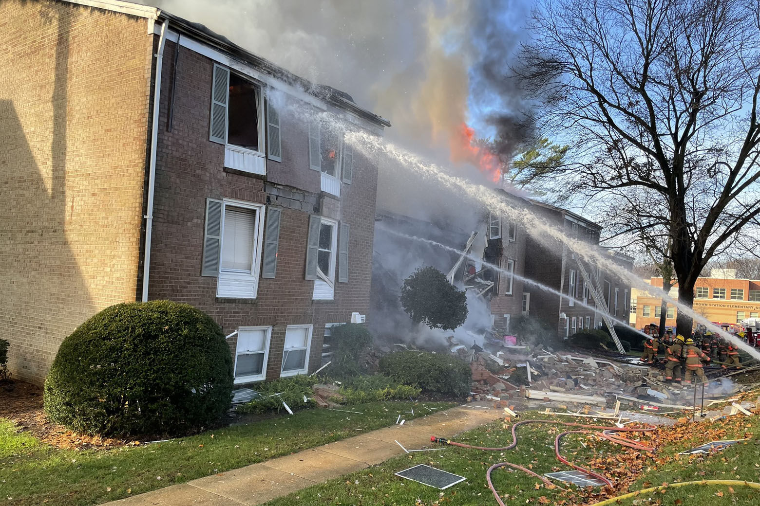 Montgomery County, Maryland, fire department officials say they are responding to a fire and explosion at a building in Gaithersburg Wednesday morning.(Courtesy Montgomery County Fire and Rescue)