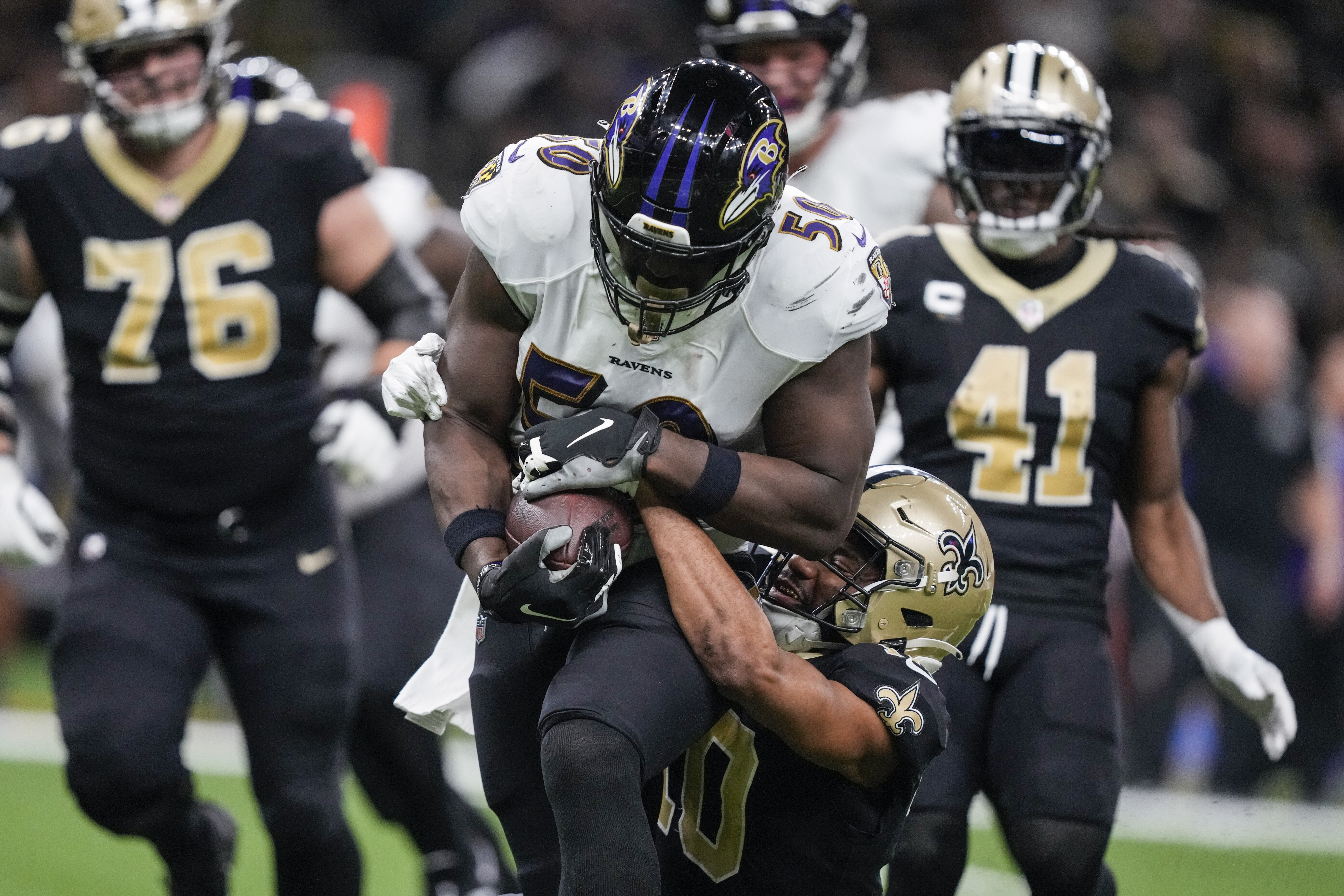 <p><strong>Ravens 27</strong><br />
<strong>Saints 13</strong></p>
<p>Lamar loves Mondays.</p>
<p>Lamar Jackson’s 100th career touchdown pass upped his Monday Night Football ledger to 13 touchdowns and no interceptions in five games. However, the Ravens&#8217; first game of the season outscoring the opposition in the fourth quarter was thanks to the defense. If Roquan Smith’s presence opens things up for even old man Justin Houston to go off for 2.5 sacks and a pick, just wait till David Ojabo gets in the mix.</p>
<p>The Ravens are gonna be scary good coming out of their bye week.</p>
