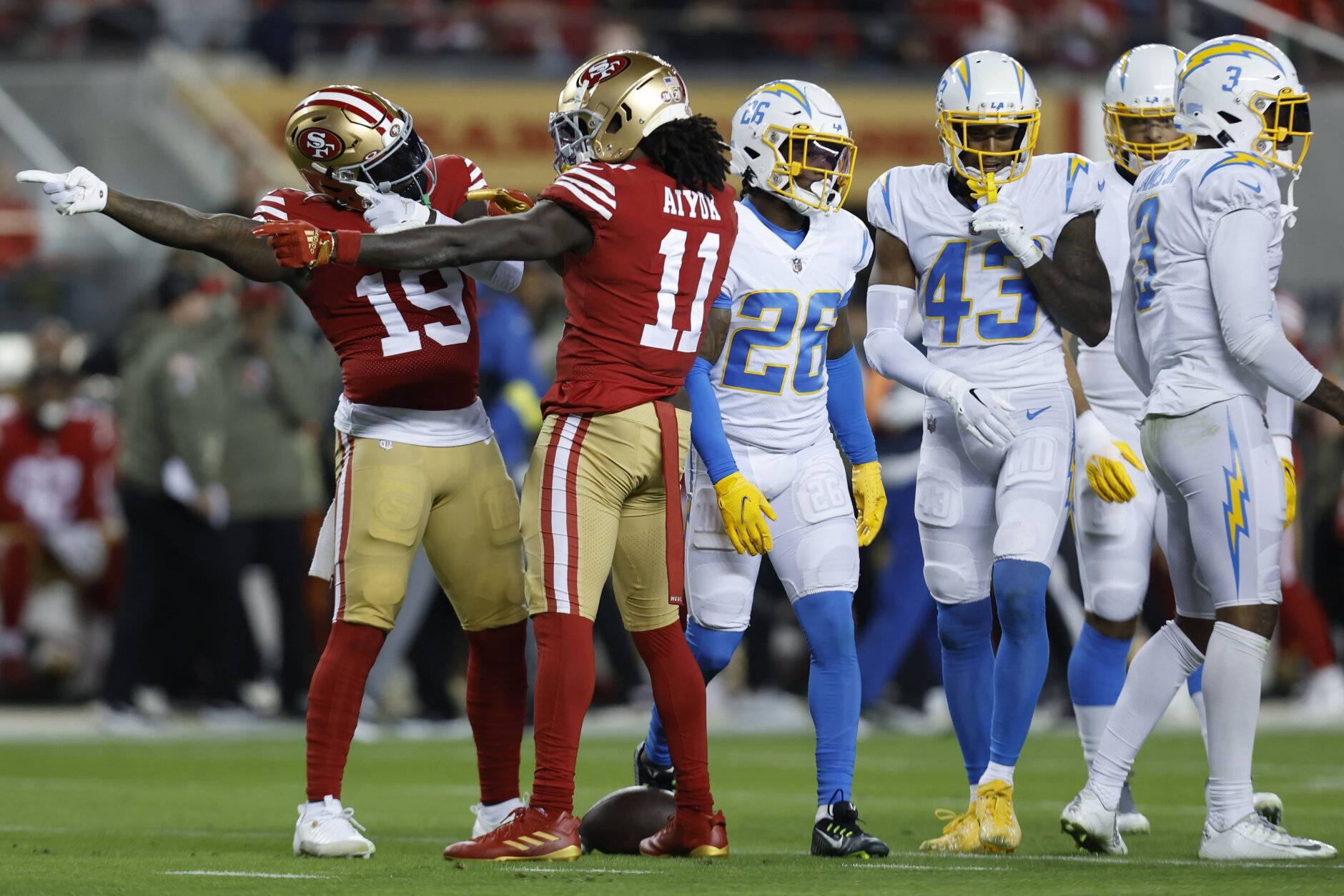 <p><b><i>Chargers 16</i></b><br />
<b><i>49ers 22</i></b></p>
<p>On <a href="https://profootballtalk.nbcsports.com/2022/11/08/bosa-family-closing-in-on-100-combined-sacks-with-joey-and-nick-meeting-sunday-night/" target="_blank" rel="noopener">a banner night for the Bosa family</a>, the Niners got their season pointed in the right direction by outrushing the Chargers 156-51 and pulling within a half-game of Seattle for the NFC West lead. San Fran has a chance to pull away in the division if they can take advantage of this stretch of five straight home games (yes, I&#8217;m counting next week&#8217;s game in Mexico City as a &#8220;home&#8221; game).</p>
