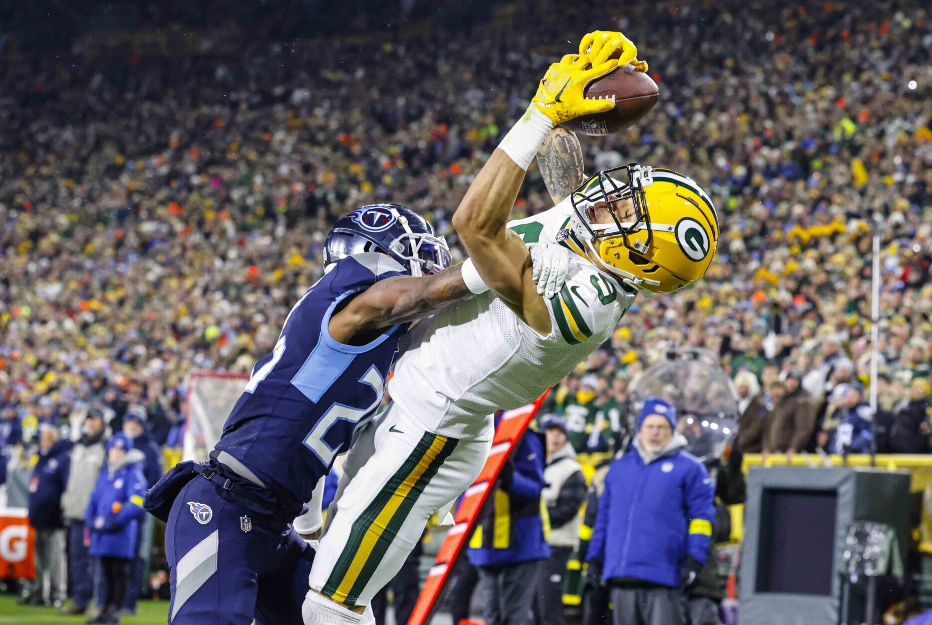 <p><em><strong>Titans 27</strong></em><br />
<em><strong>Packers 17</strong></em></p>
<p>Green Bay becoming the NFL’s all-time winningest franchise didn’t happen but this did: Christian Watson is the first Packers rookie receiver to have multiple touchdown catches in consecutive games since Super Bowl I hero Max McGee in 1954. Let&#8217;s end the narrative that Aaron Rodgers doesn&#8217;t have any weapons.</p>
