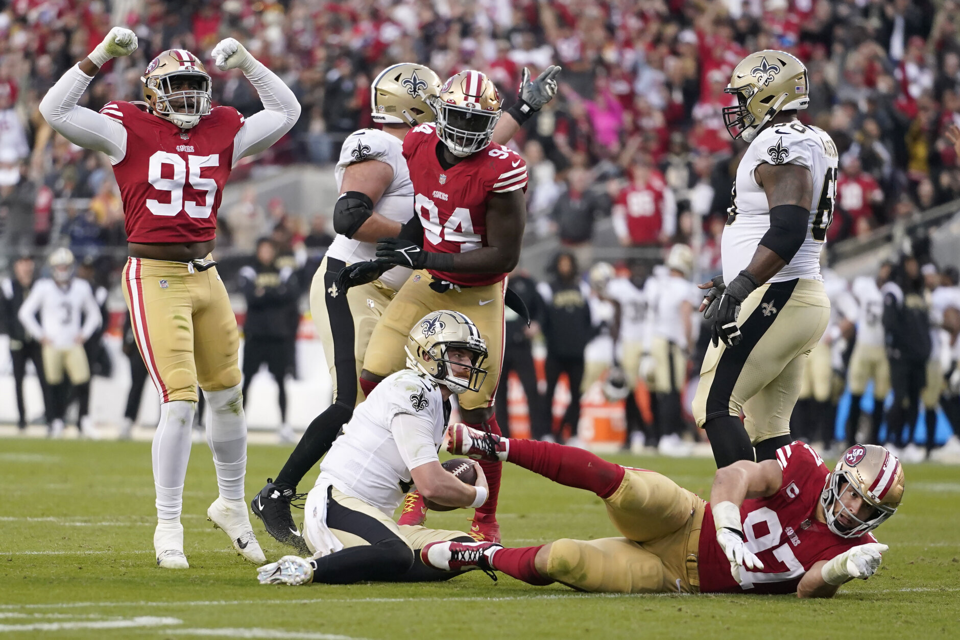 <p><em><strong>Saints 0</strong></em><br />
<em><strong>49ers 13</strong></em></p>
<p>While many focus on San Francisco&#8217;s improved QB play and a run game anchored by Christian McCaffrey, I&#8217;m more enamored by the Niners&#8217; defense.</p>
<p>This shutout (the first against New Orleans since … the Niners blanked the Saints in 2001) was the fourth straight game the 49ers haven&#8217;t given up a single point in the second half, outscoring opponents 57-0 over a span in which they&#8217;re allowing only 10 points per game. San Fran has won a league-best six games by double digits. In a wide-open NFC, this is my new Super Bowl favorite.</p>
