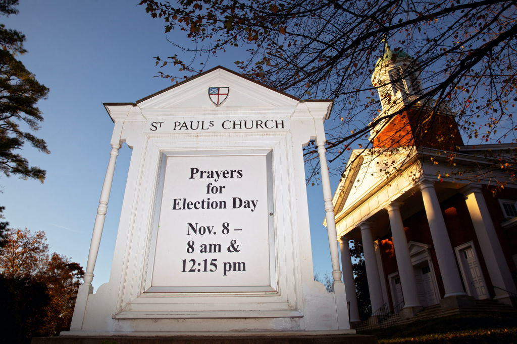 A sign displays "Prayers for Election Day"